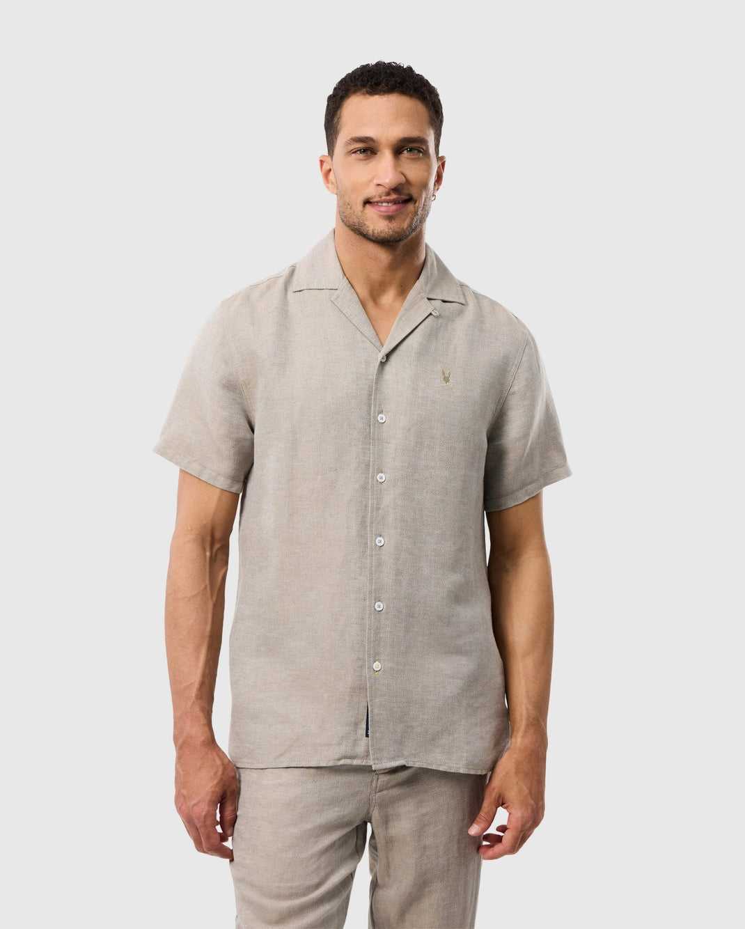 Chemises Psycho Bunny Windcrest Linen Blend Short Sleeve Shirt Solid Crockery Homme | FFV-74780248